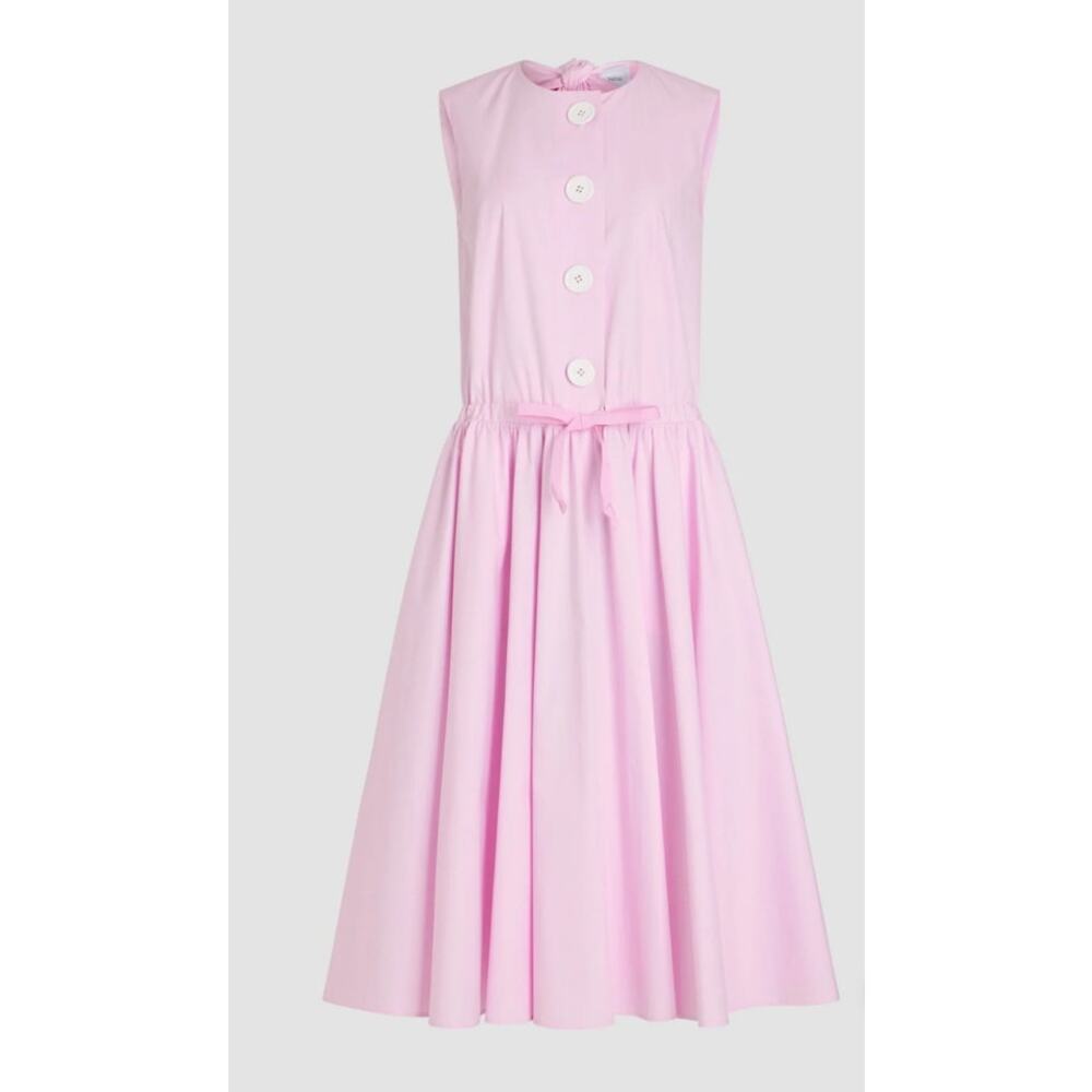 Patou Button Up Poplin Midi Dress Womens 36 Pink Pockets Cotton Coquette Bow